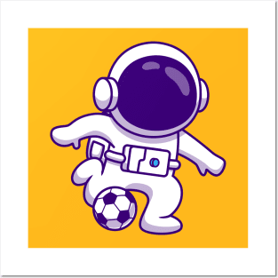 Cute Astronaut Playing Football Cartoon Posters and Art